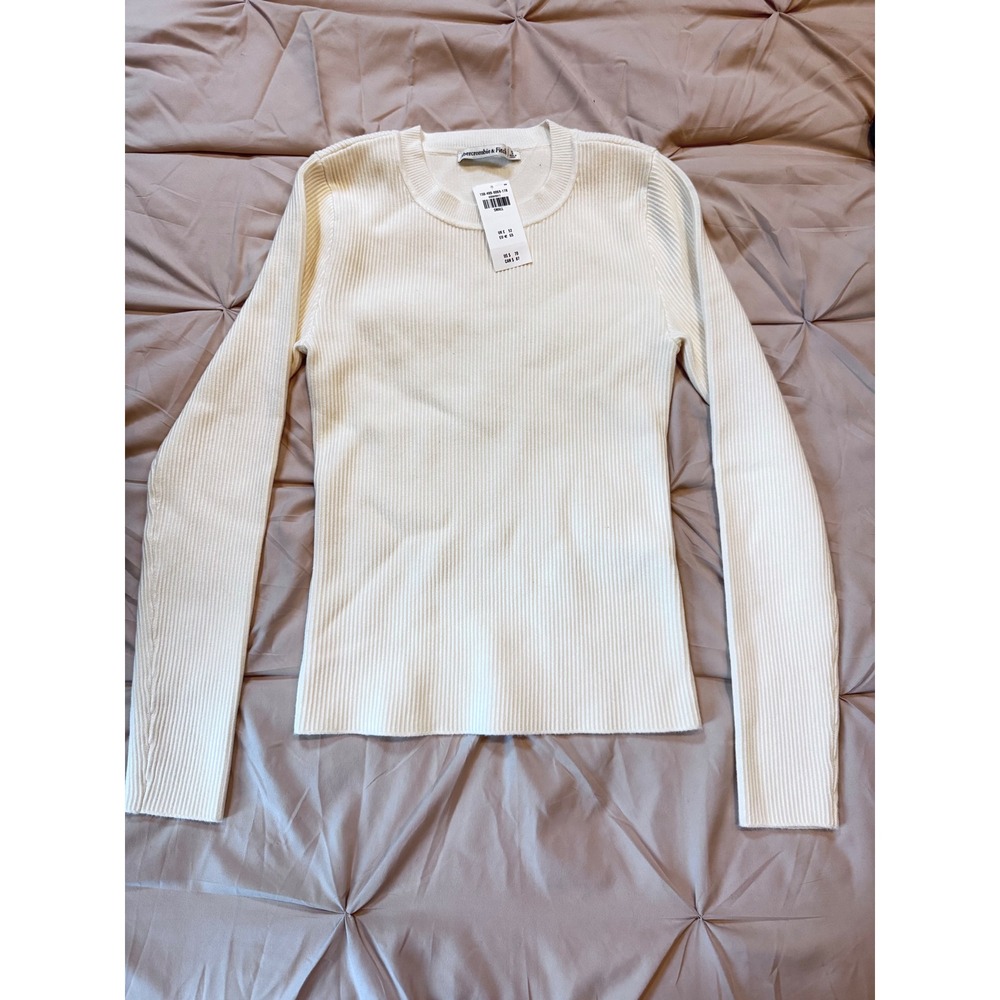 NWT Abercrombie &‎ Fitch Ribbed Long Sleeve Crew Neck Top Cream White Small